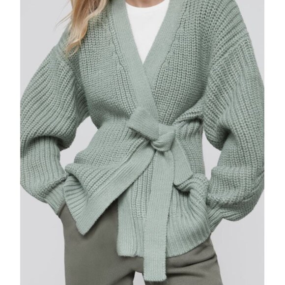 ZARA Sage Green Knit Wrap Tie Belt Cardigan M Sweater Chunky Knit Cozy Soft Long - Picture 2 of 16